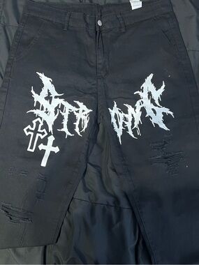 Black Jeans with White Drip Cross Graphics